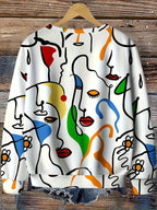 Women'S Fashion Casual Abstract Face Print Loose Round Neck Pullover Sweatshirt, Suitable for Fall Winter - White