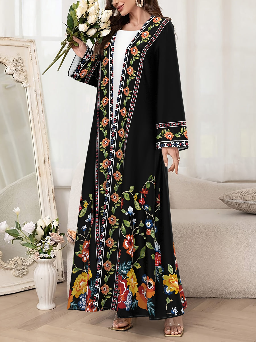 Dubai Muslim Abaya Robe for Women, Fashion Floral Print Loose Long Cardigan, Elegant Outerwear Dress - Multicolor