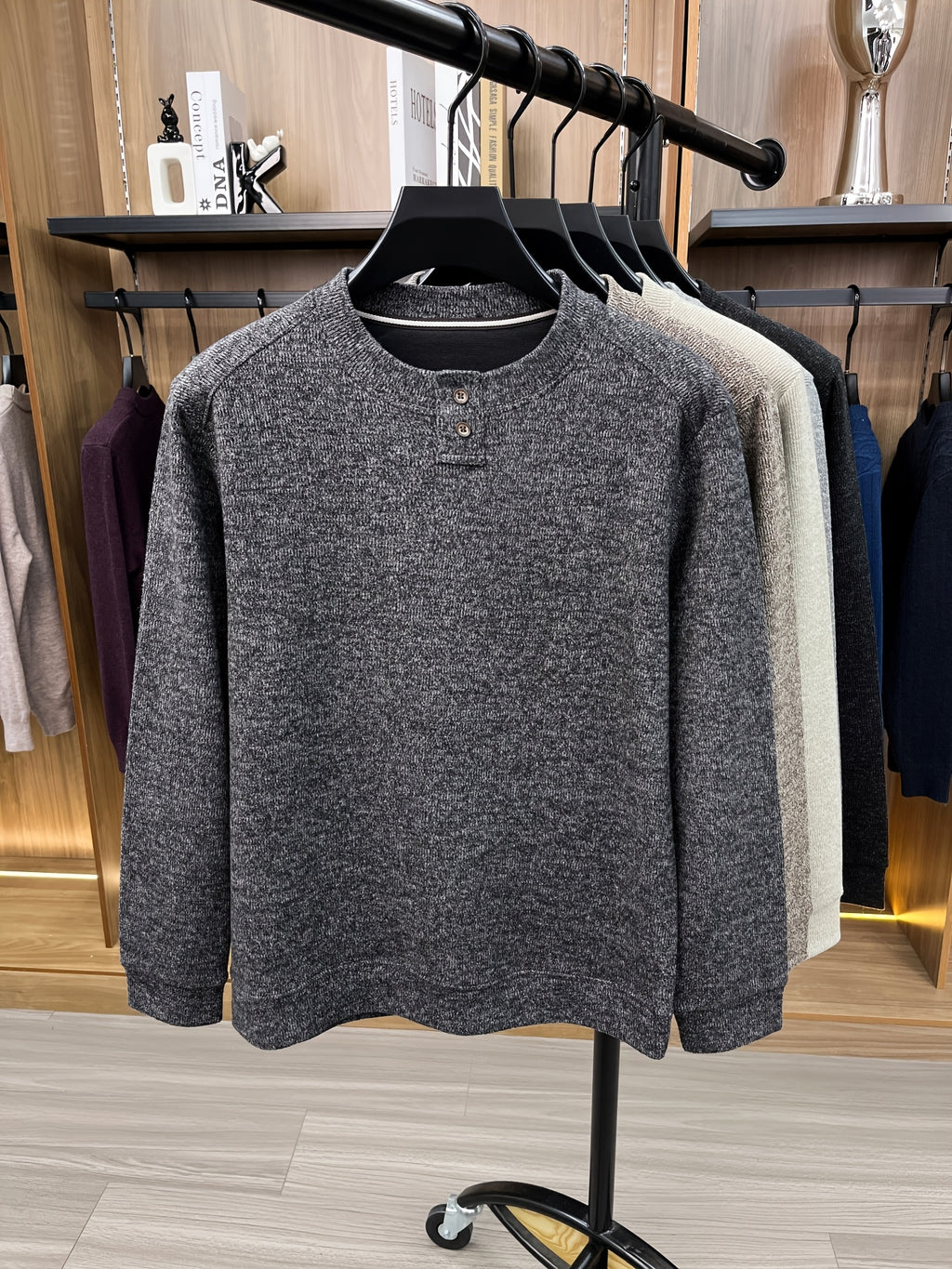 Du Jing Lan OBM 1pc Autumn/Winter New Arrival Men's Knitted Pullover, Old Money Style Solid Color Striped Crew Neck Long Sleeve Knit Pullover, Men's Business Casual Fashion Striped Sweater, Suitable for Layering or Wearing as an Inner Layer - Dark Gray