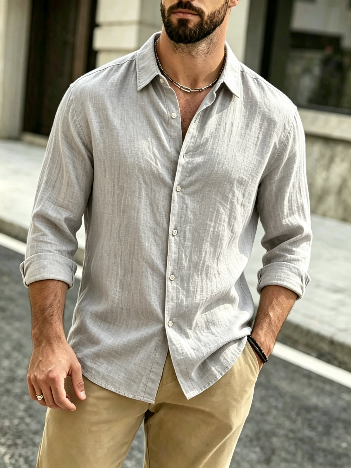The Preferred Gift for Back to School Season Is Men's Casual Shirts. Spring and Autumn Long Sleeved Shirts Are Trendy, Loose, Solid Color, Breathable and Versatile Tops, Making Them the Perfect Holiday Gift - Light Grey