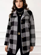 Women's Casual Plaid Jacket, Warm Loose Plush Patchwork Casual Outerwear - Deep Grey