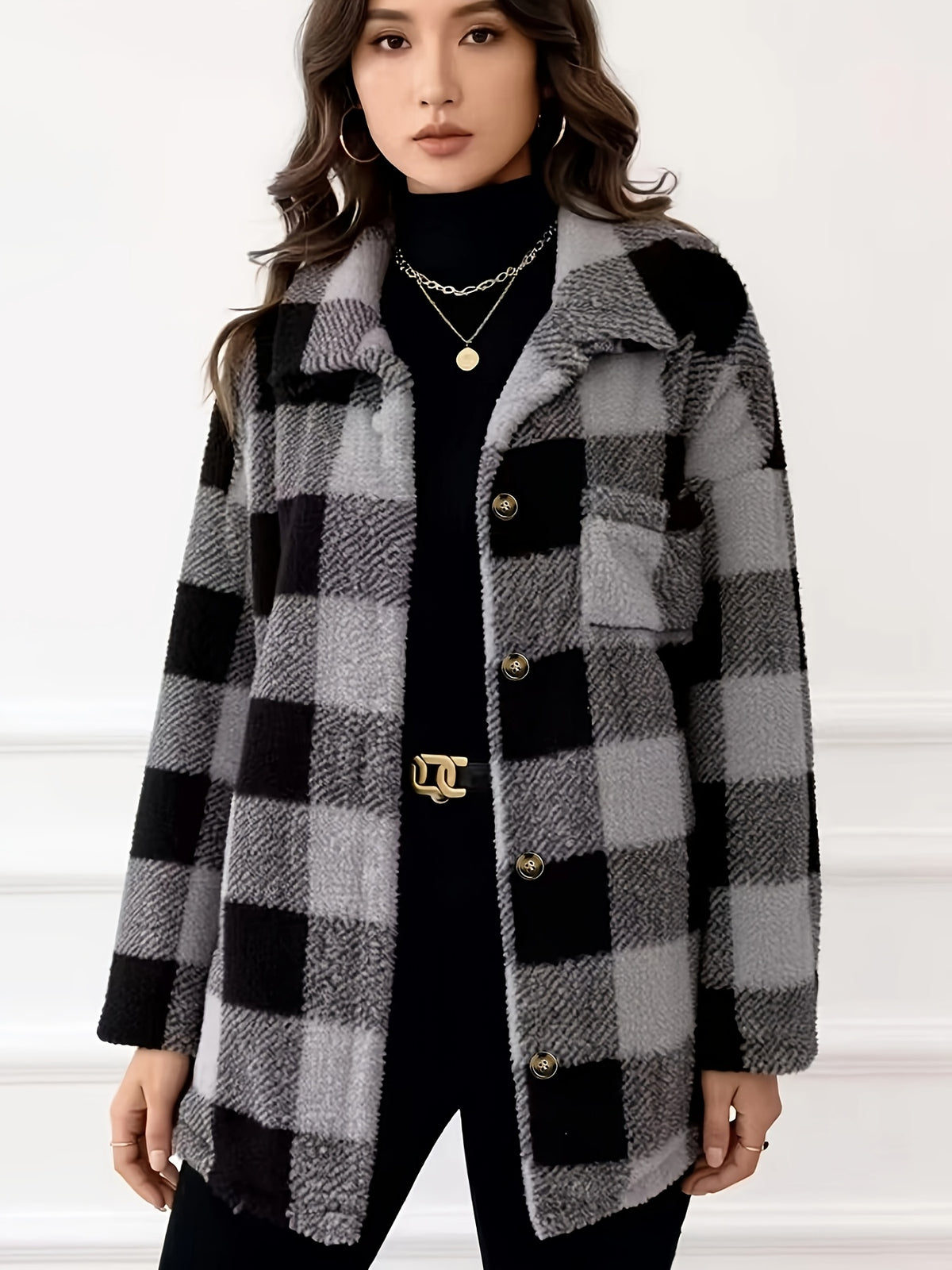 Women's Casual Plaid Jacket, Warm Loose Plush Patchwork Casual Outerwear - Deep Grey