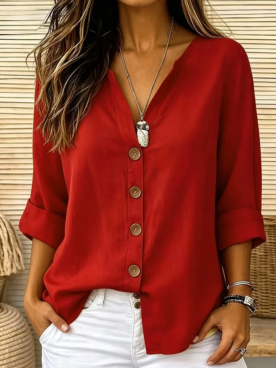 Solid Color Shirt, Round Neck Button-Up, Loose Fit, Casual Wear, Spring Summer Women'S Shirt - Red