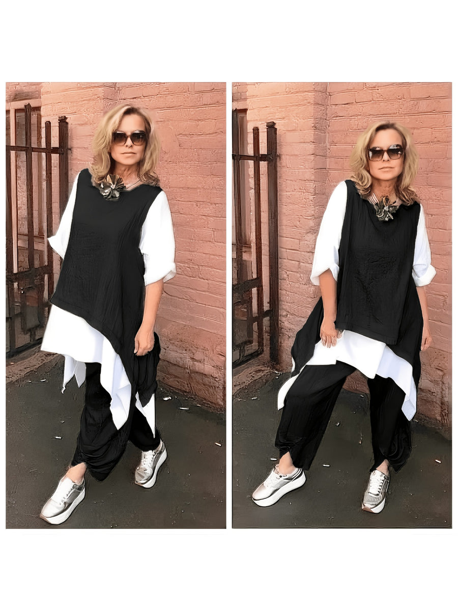 Plus Size, Plus Size Ethnic 2pcs Outfit, Color Block Spliced Mid-length Top + Pleated Cuff Harem Pants, Breathable Imitation Casual Set - Black