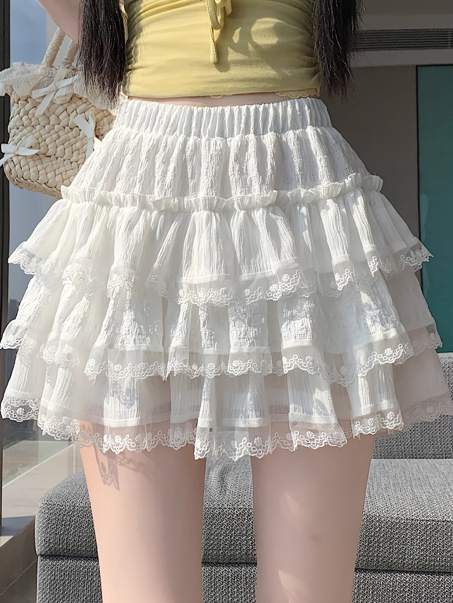 Elastic Waist with Lining Lace Stitching Lace Cake Skirt Women'S Summer High Waist Anti-Exposure A-Line Spicy Fluffy Short Skirt - White