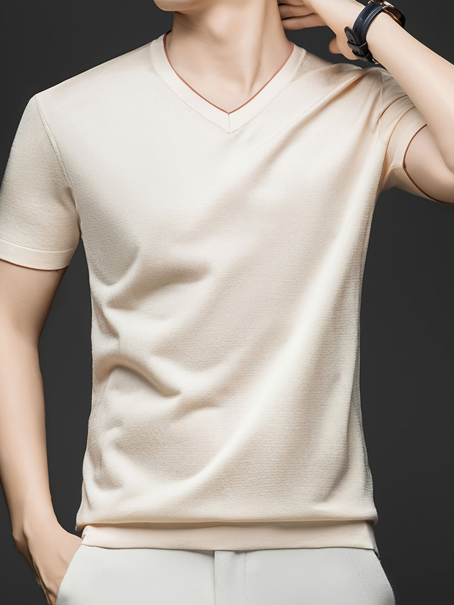 Men'S Summer Short-Sleeved T-Shirt, V-Neck Color-Blocking Details, a Slightly Slim Fit That Conforms to The Body, Showing Neat Lines Without Being Tight, Suitable for Daily Leisure/Weekend Travel Scenarios, And Light Social Scenarios - Beige Apricot