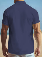 Men'S Solid Color Short Sleeve Shirt, Summer Lightweight Breathable Fabric, Classic Collar, Loose Fit, Textured Fabric, Suitable for Casual, Office & Weekend Wear, Short Sleeve Top, Non-Stretch Material, Durable Casualwear, Outdoor Casual - Navy Color