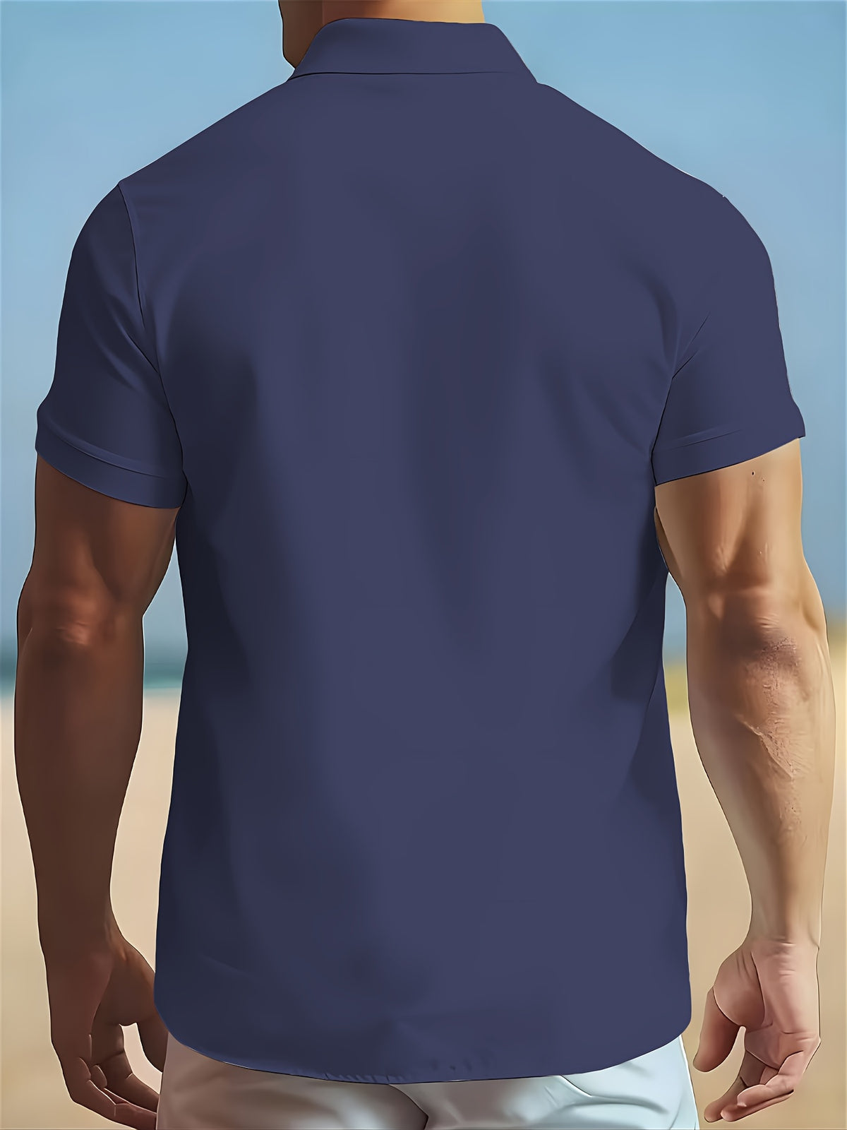 Men'S Solid Color Short Sleeve Shirt, Summer Lightweight Breathable Fabric, Classic Collar, Loose Fit, Textured Fabric, Suitable for Casual, Office & Weekend Wear, Short Sleeve Top, Non-Stretch Material, Durable Casualwear, Outdoor Casual - Navy Color