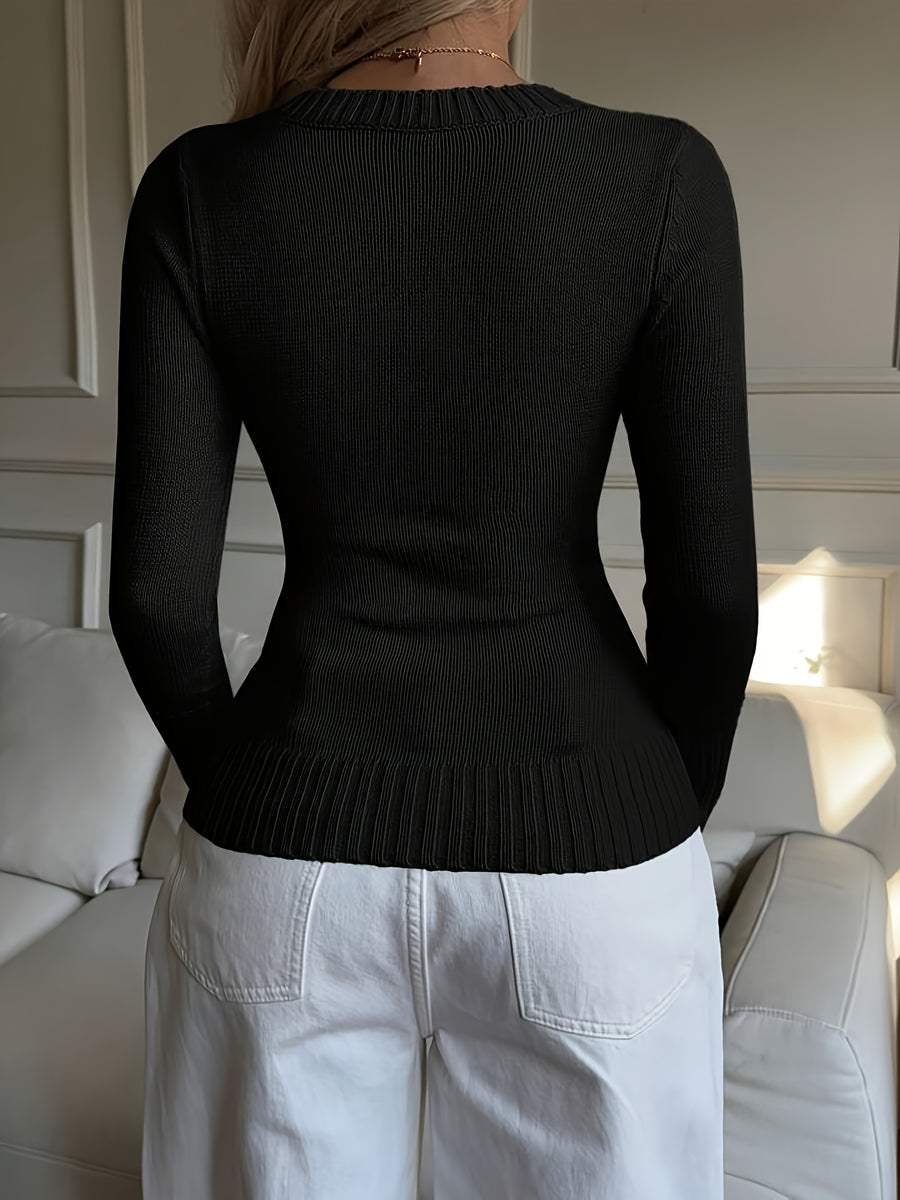 Elegant Ladies' V-neck Long Sleeve Slim Fit Cardigan | Autumn/Winter Collection with Embroidered Details - Black