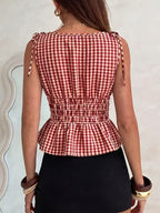 Women'S Elegant Checkered Summer Retro Nostalgic Style Picnic Sleeveless Tight Top, French Shoulder Strap Tie-Front Heart-Shaped Neckline, Waist-Cinching Design, Ruffled Hem Doll-Style Blouse - Mixed colors