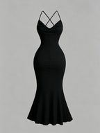 Draped Neckline Slim Fit Bodycon Long Mermaid Dress, Elegant Polka Dot Print Camisole Dress, Graceful Party Gown, Valentine's Day Party Long Dress ASD1 - Black