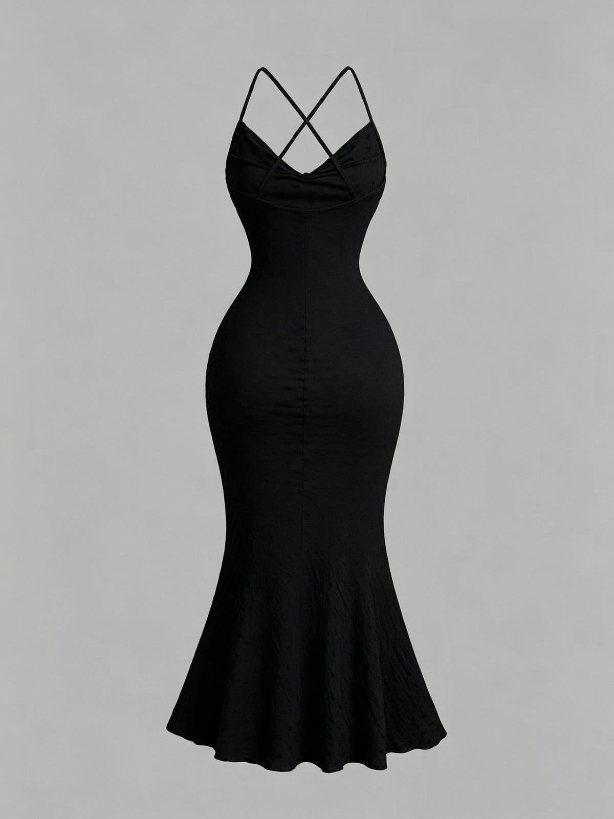 Draped Neckline Slim Fit Bodycon Long Mermaid Dress, Elegant Polka Dot Print Camisole Dress, Graceful Party Gown, Valentine's Day Party Long Dress ASD1 - Black