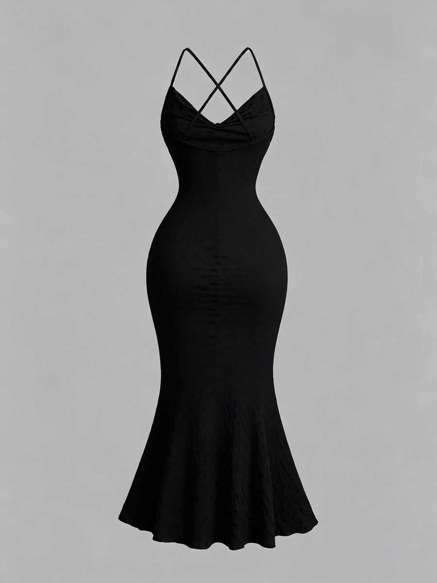Draped Neckline Slim Fit Bodycon Long Mermaid Dress, Elegant Polka Dot Print Camisole Dress, Graceful Party Gown, Valentine's Day Party Long Dress ASD1 - Black