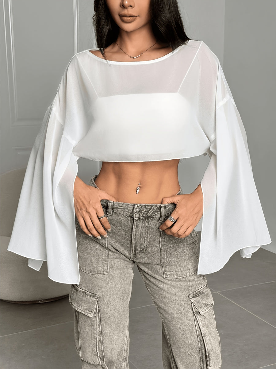 Women'S Solid Color Round Neck Batwing Sleeve Loose Short Shirt, Spring Summer Beach Cover-Up Top - White