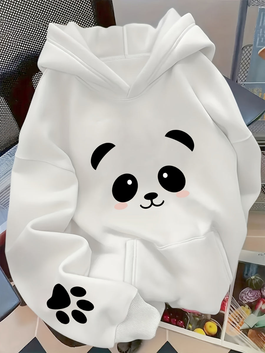 Women'S Warm Fleece Sweatshirt for Spring, Autumn, And Winter Featuring a Cute Panda Theme Print. This Autumn And Winter Commuting Piece Combines Soft And Adorable Elements Suitable for a Light Casual Office Style, Merging Warmth with a Loose Fit - White