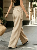 Loose Pocket Wide-Leg Pants with Bamboo Texture Design, Asymmetrical Cut And Elastic Waistband, Exuding Elegant Fashion. Suitable for Spring, Summer, Autumn, And Winter, Ideal for Vacations, Easter, Holidays, Beach, Mother'S Day, Graduation - Khaki