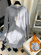 Women's Mid-Length Hooded Sweatshirt, Loose Fit, Hip-Covering, Heart Print, Drawstring Pullover Top - Light Grey