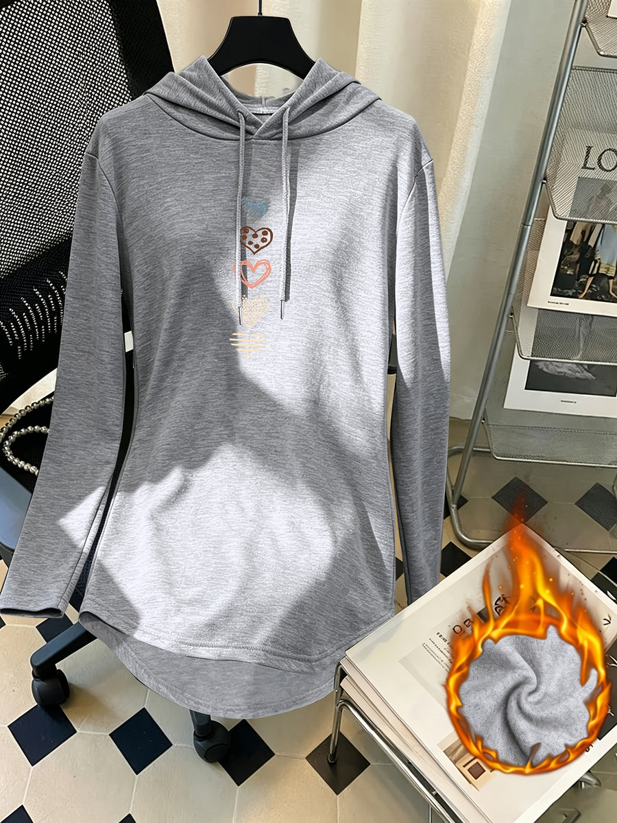 Women's Mid-Length Hooded Sweatshirt, Loose Fit, Hip-Covering, Heart Print, Drawstring Pullover Top - Light Grey