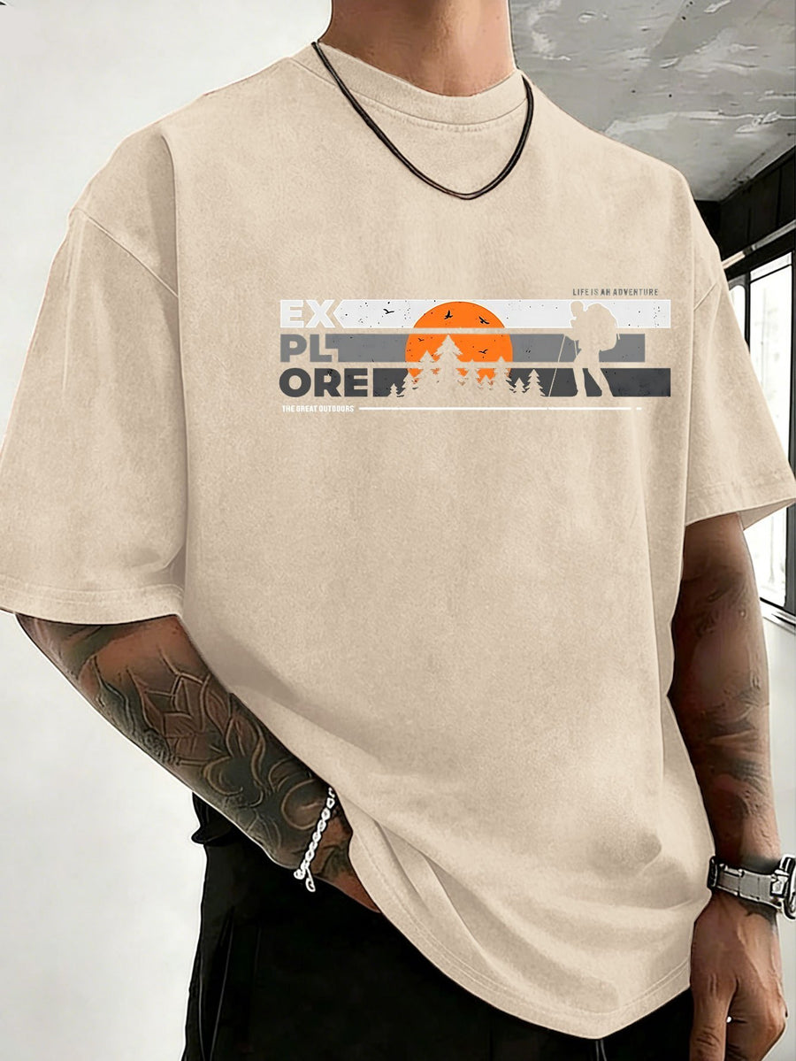 Short Sleeve T-Shirt Men'S Heavy Washed Distressed Loose Top Trendy Reversible Double-Sided Print Overbearing Flame Tiger Head Dark Trendy Print 12 Colors Random Match High Street Hip-Hop Style Daily Commute Fitness Couple Style Street Style Nationa - Apricot