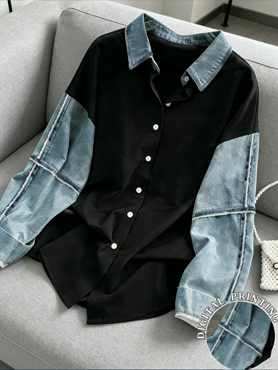 [Printed Pants - Not Faux Denim Fabric]Women'S Y2K Retro Casual Loose Long Sleeve Button-Up Faux Denim Printed Collared Shirt, Elegant Vintage Casual Style Suitable for Outdoor Leisure Walking And Shopping - Multicolor