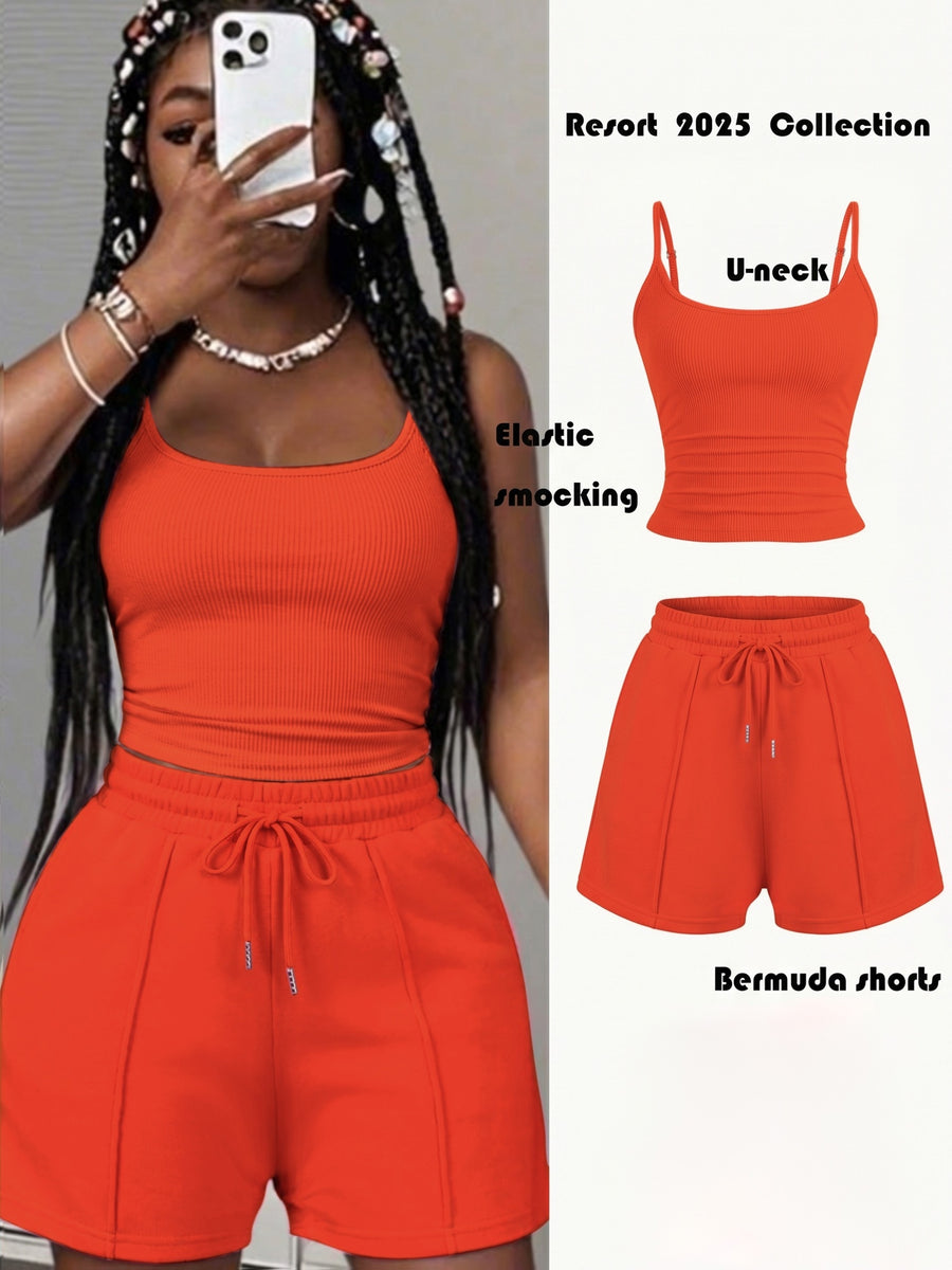 Women'S New Casual Camisole Knit Elastic Vest And Striped Textured Shorts 2pcs Set - Orange