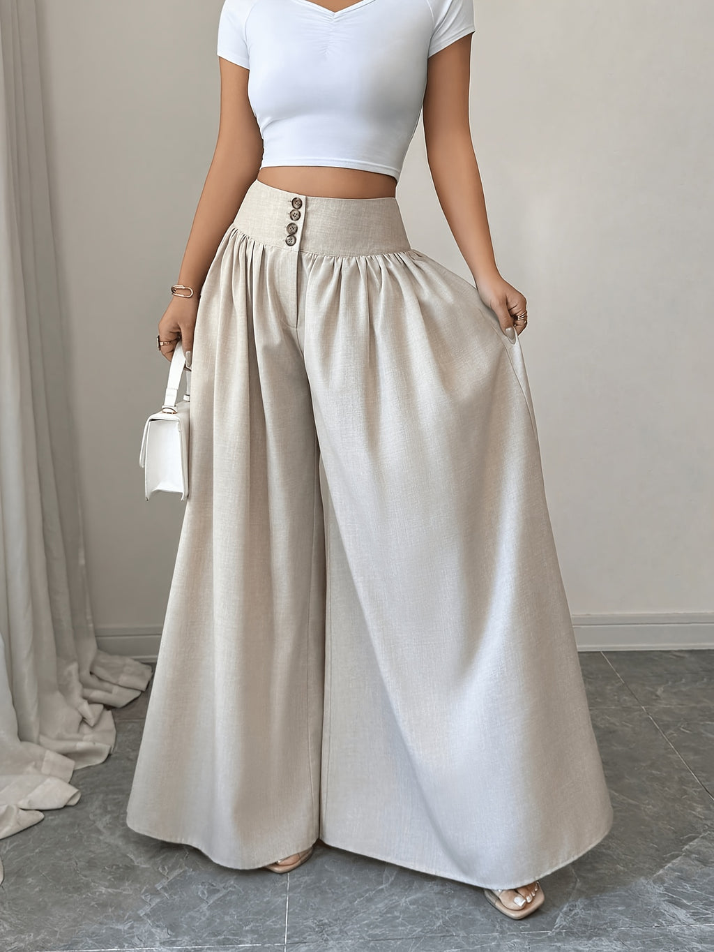 Elegant Buttoned Wide Leg Pants For Women | Solid Color, Loose Fit, Suitable For Spring/Summer/Fall - Apricot