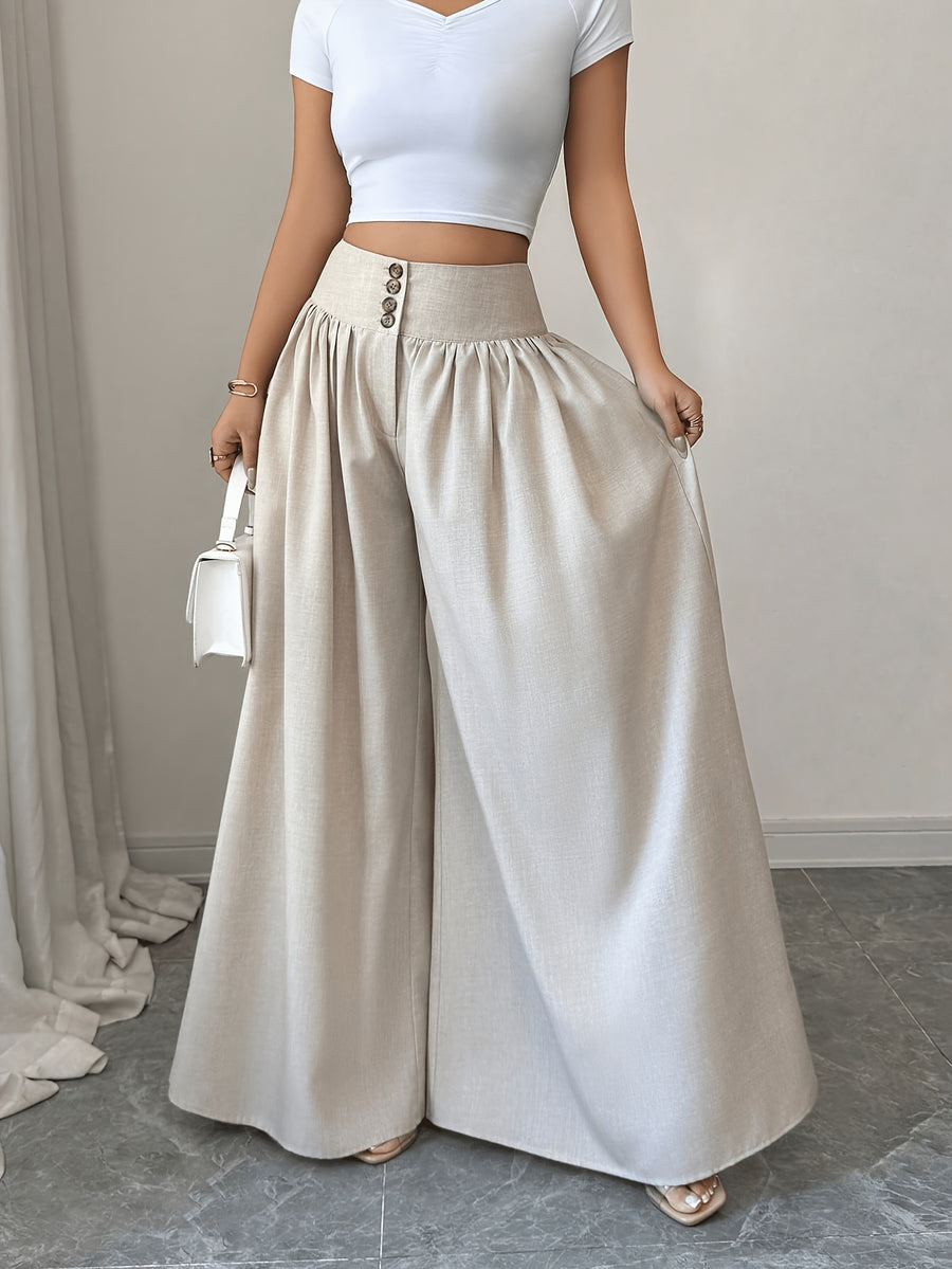 Elegant Buttoned Wide Leg Pants For Women | Solid Color, Loose Fit, Suitable For Spring/Summer/Fall - Apricot
