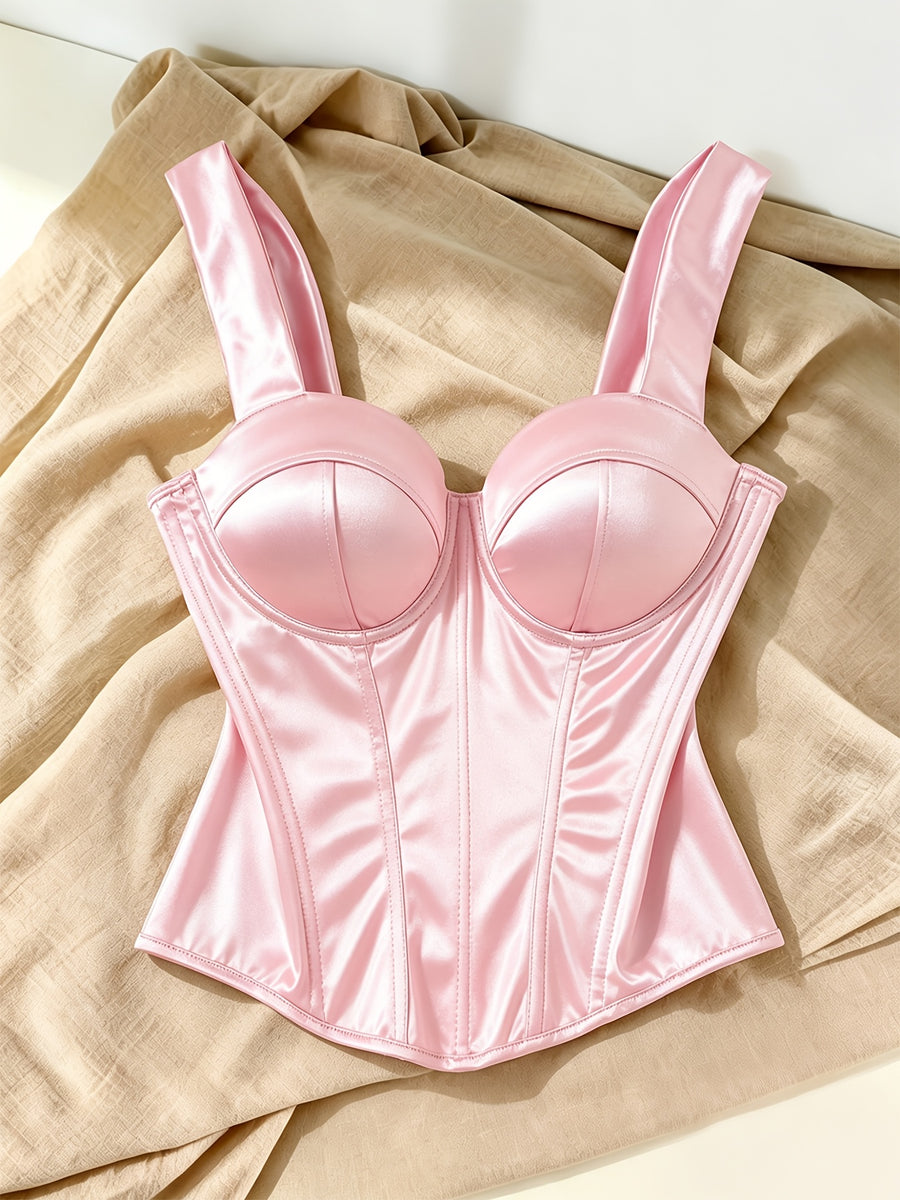 Summer Women's Elegant Bustier Top, Casual Satin Back Zipper Boned Slim Fit Camisole Top, Y2K Cute and Sexy Sleeveless Crop Top, New Vintage Luxury Body Shaping Corset, Women's Holiday Outfit, Suitable for Vacations, Parties, Weddings, Country Music - Pink