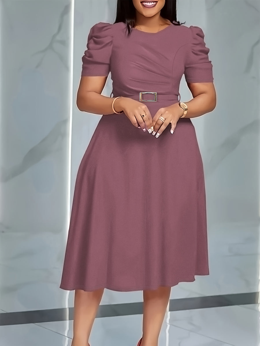 Women'S Elegant V-Neck Ruched Midi Dress, Solid Color Short Sleeve, Waist-Cinching Belt, Flowing Skirt, Perfect Spring Summer Outfit, Adult Fashion, Comfortable Daily Elegant Waist-Cinching Dress, Ruched Detail - Pale Pinkish Gray