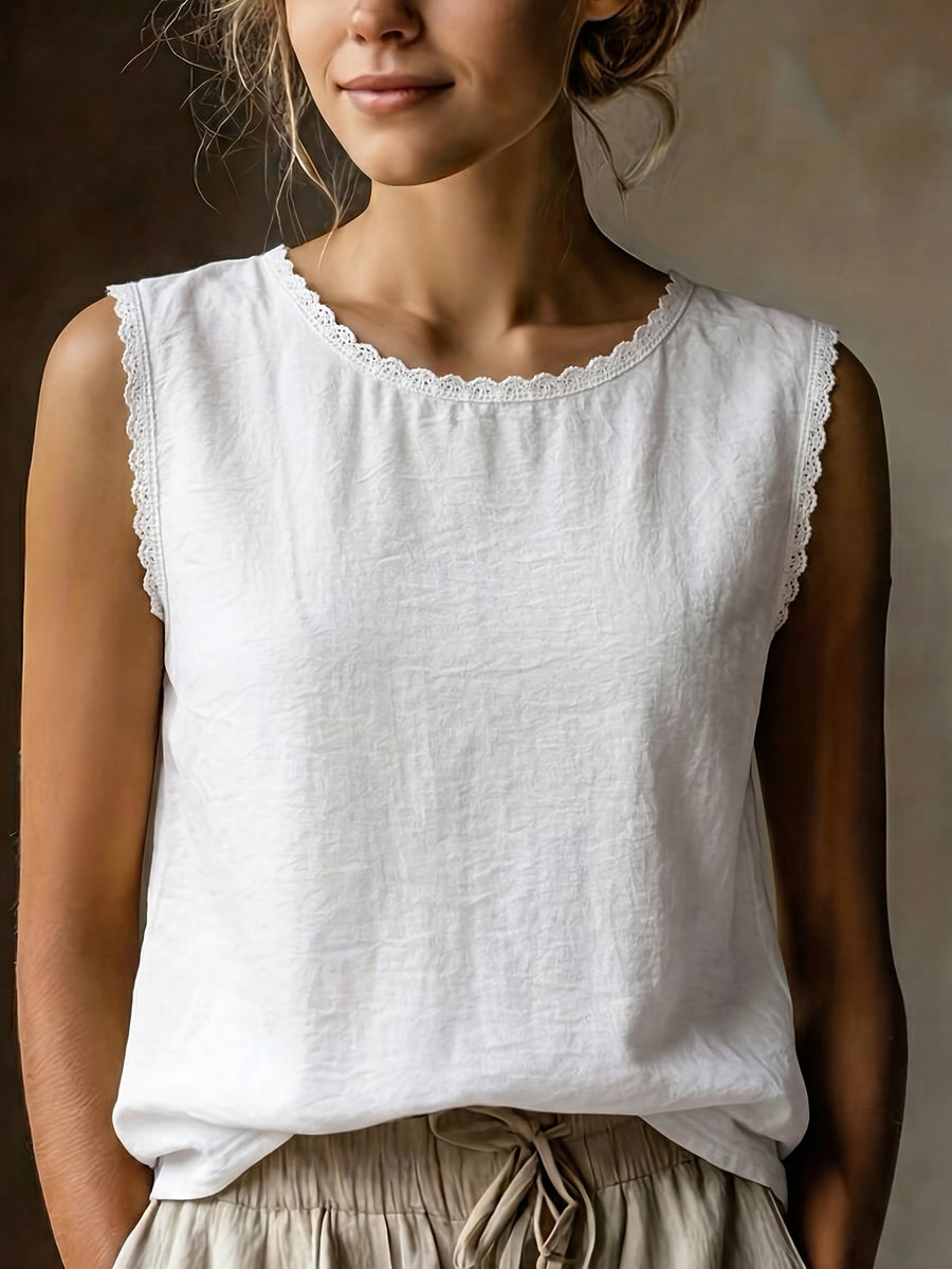French-Style Lace Trim Sleeveless Tank Top, Round Neck Loose Fit Breathable White Casual Base Layer - White