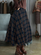Women's Spring/autumn Casual/vacation Style Side Pocket Elastic Waist Vintage Plaid A-line Long Skirt - Navy blue color