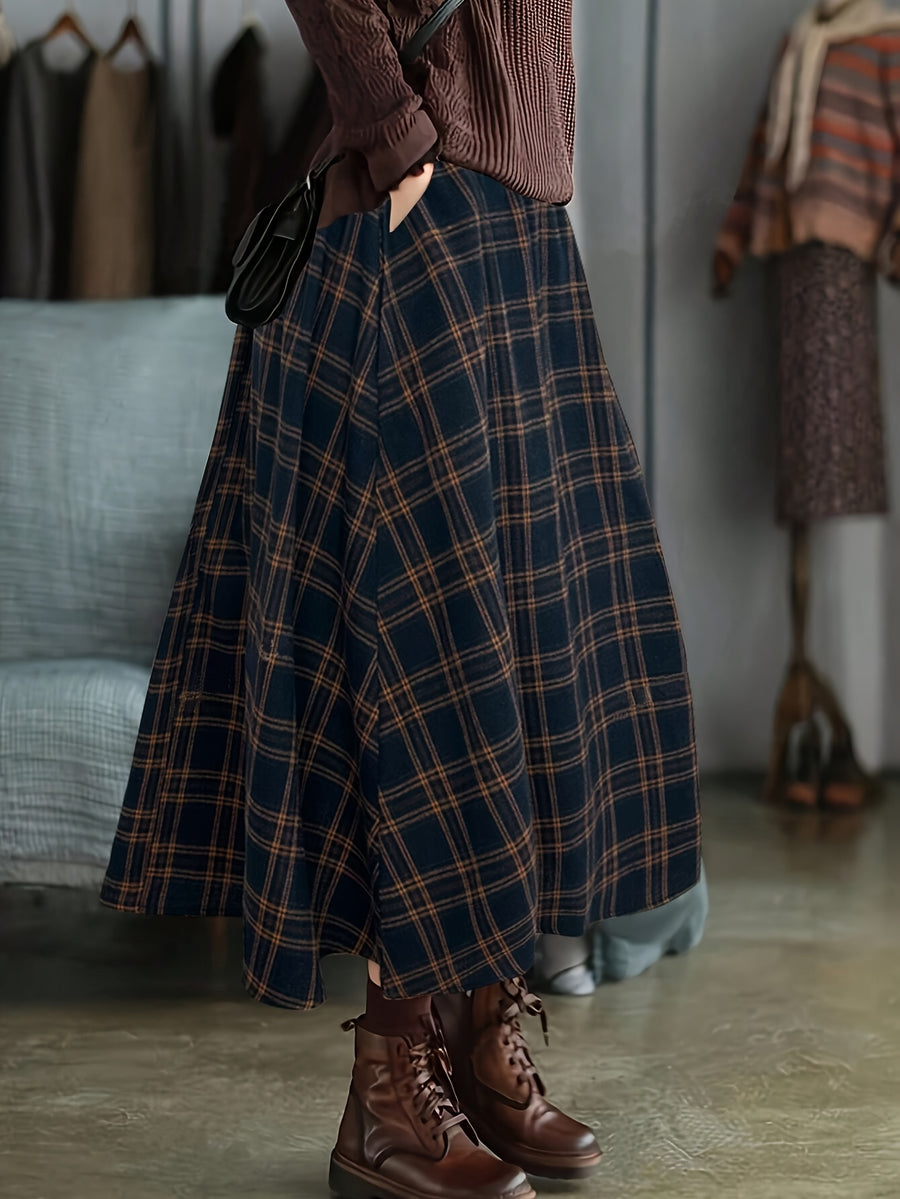 Women's Spring/autumn Casual/vacation Style Side Pocket Elastic Waist Vintage Plaid A-line Long Skirt - Navy blue color