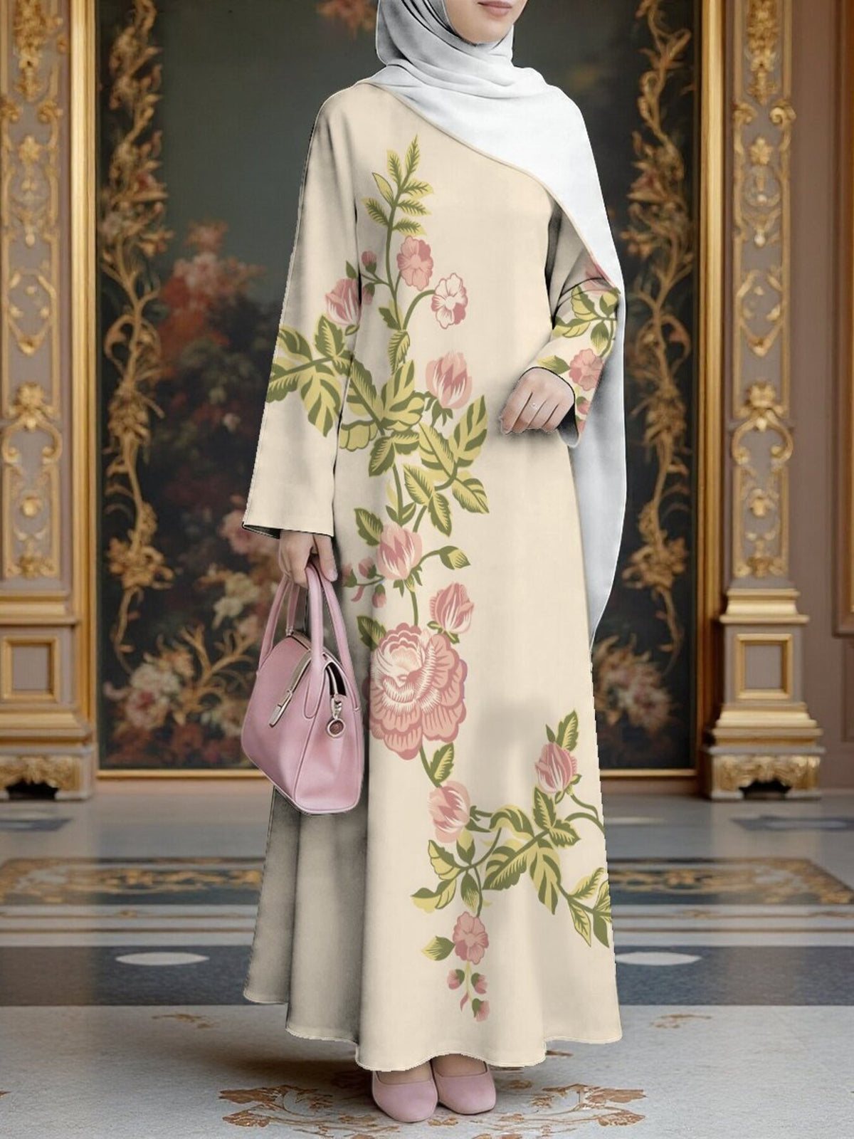 Women'S Hot Middle Eastern Style Muslim Elegant Robe, Beige with Peony Floral Print, Loose Long Sleeve Flowing Cut, for Prayer, Outings, And Banquets, Lightweight And Breathable Non- Craft - Mixed colors
