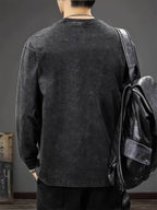 Men's 100% Cotton Oversized Round Neck Long Sleeve T-Shirt with Subtle Chest Print - Casual Loose Fit Spring/Autumn Layering Essential, Plain for easy matching, 100% Breathable Fabric - Black