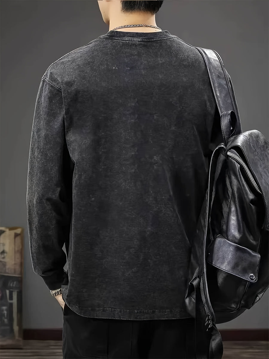 Men's 100% Cotton Oversized Round Neck Long Sleeve T-Shirt with Subtle Chest Print - Casual Loose Fit Spring/Autumn Layering Essential, Plain for easy matching, 100% Breathable Fabric - Black