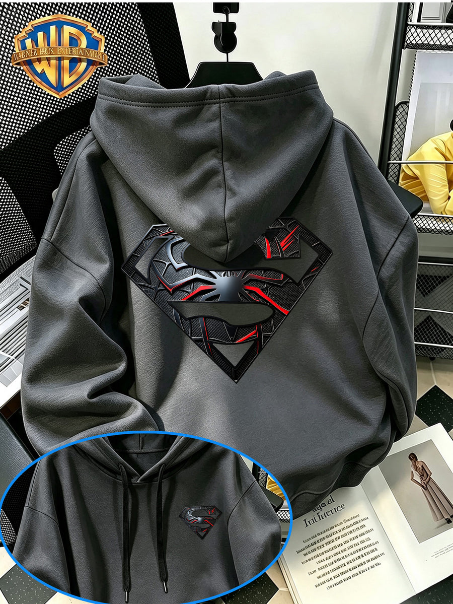Warner Licensed Men'S Hoodie, Superhero Classic Logo Print Trendy Street Style Design Fashionable All-Match Daily Wear Essential - Dark Gray