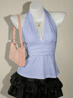 Women's Elegant Printed Striped Halter Neck V-Neck Backless Waist-Cinching Crop Top, Suitable for Dates, Parties, Gatherings, Beach Vacations, and Daily Commutes - Mixed colors