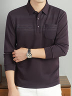 Middle-Aged Men'S Long Sleeve Polo Shirt Spring Autumn Business Casual Lapel Striped with Pocket Top - Purple