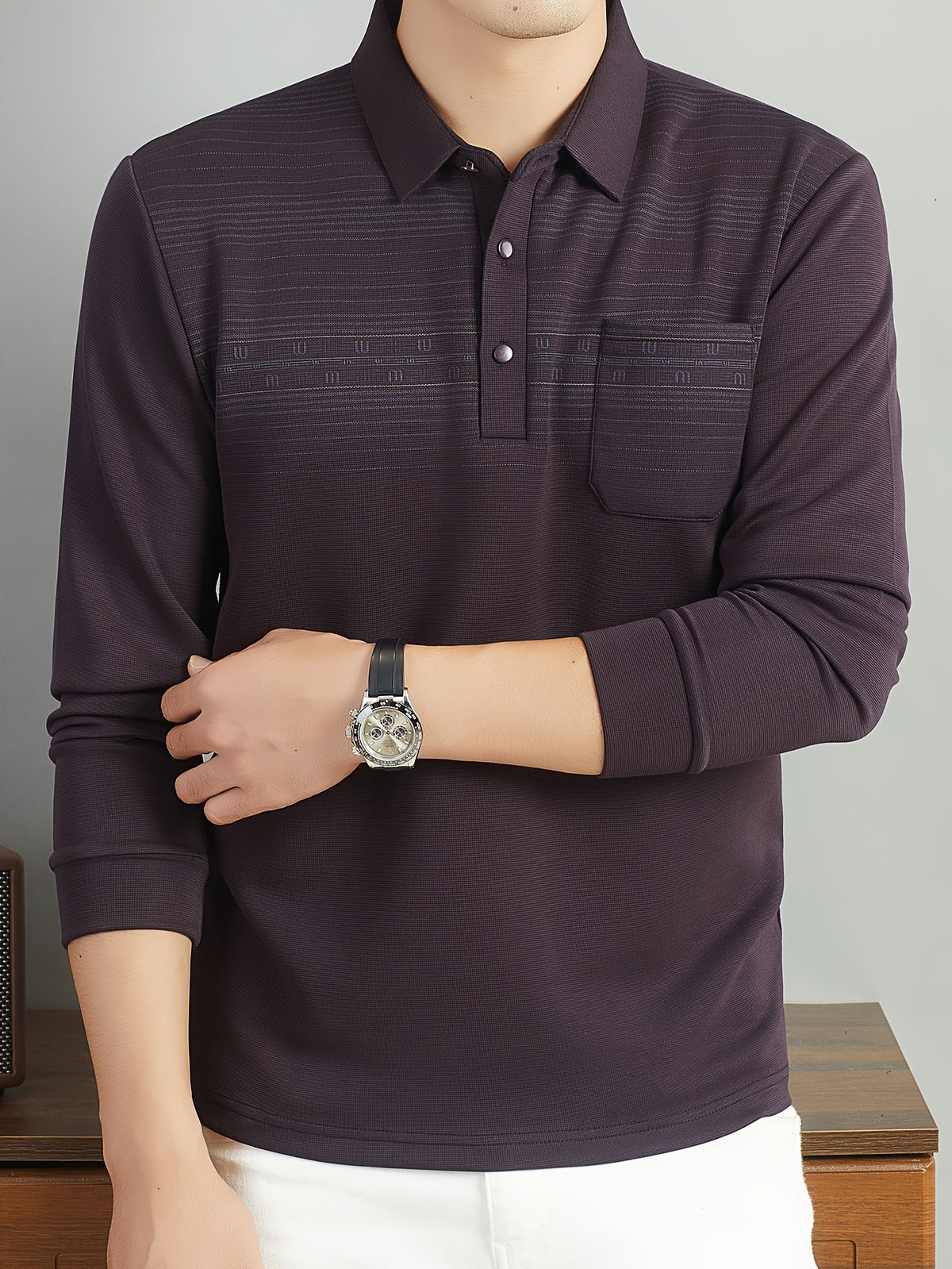 Middle-Aged Men'S Long Sleeve Polo Shirt Spring Autumn Business Casual Lapel Striped with Pocket Top - Purple