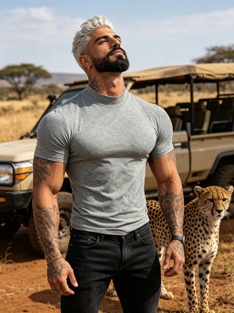 Summer Breathable Solid Color Half-Neck Short Sleeve 2pcs Set Men'S Shaping Slimming High-Elastic Fabric Light Luxury Fashion Fitness Sports Daily Wear Easy Premium Feel Versatile Base Top - Light Grey