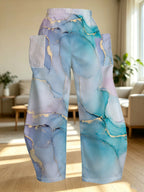 [Printed Design-Not Textured] Abstract Fluid Art Women'S Long Pants, Soft Pastel And Metallic Golden Accents, Dreamy Ethereal Effect, Elegant Contrast, Suitable for Casual Wear And Fashionable Occasions, Enhancing Style with Artistic Design - Mixed colors