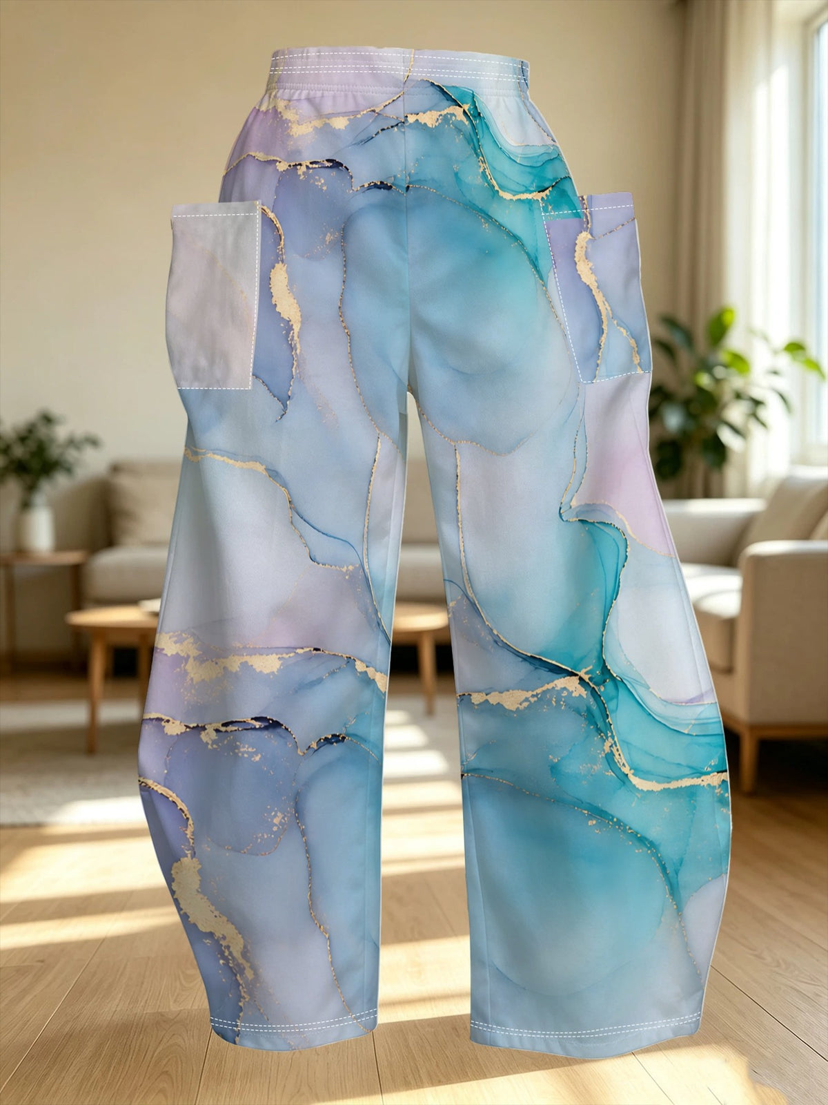 [Printed Design-Not Textured] Abstract Fluid Art Women'S Long Pants, Soft Pastel And Metallic Golden Accents, Dreamy Ethereal Effect, Elegant Contrast, Suitable for Casual Wear And Fashionable Occasions, Enhancing Style with Artistic Design - Mixed colors
