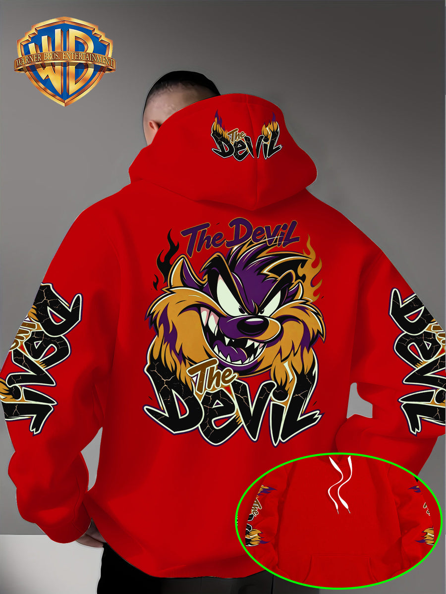 Le Yitong Big Mouth Monster The Devil Flame Print Hooded Sweatshirt, with Sleeve Print Design, Kangaroo Pouch And Drawstring Hood, Suitable for Autumn/Winter Casual Wear And Outdoor Activities - Red