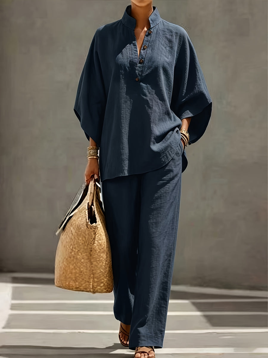 [PLMM] Spring Autumn Winter Women'S Fabric Button Short Collar Fashion Casual Two-Piece Long Pants Set - Navy Color
