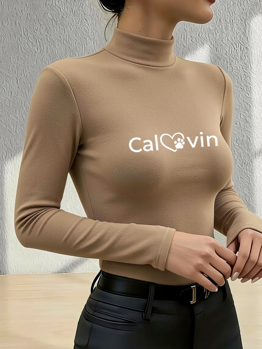Women'S 2026 New Fashion Half-Neck Long Sleeve Body Suit, Casual Texture Fall Winter Style, Essential Base Layer for Fall Winter, Slim Sexy Comfortable Warm "Calvin Love Paw Print" - Khaki