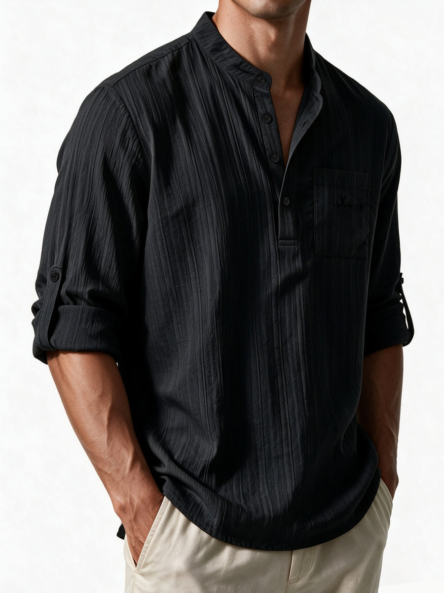 Men'S New Fashion Trendy Long Sleeve Small Lapel Shirt, Fishing ECG Print, Breathable Comfortable Fabric Button-Up Top - Black