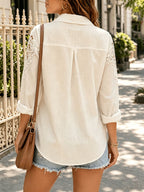 2026 Summer Solstice Women'S Lace Patchwork Shirt, Shirt, Lapel Shirt, Casual Loose Linen Top for Creating a Classic Beach Vacation Look, Can Be Paired with This Shirt, Paired with Distressed Denim Shorts And Straw Additions - Apricot
