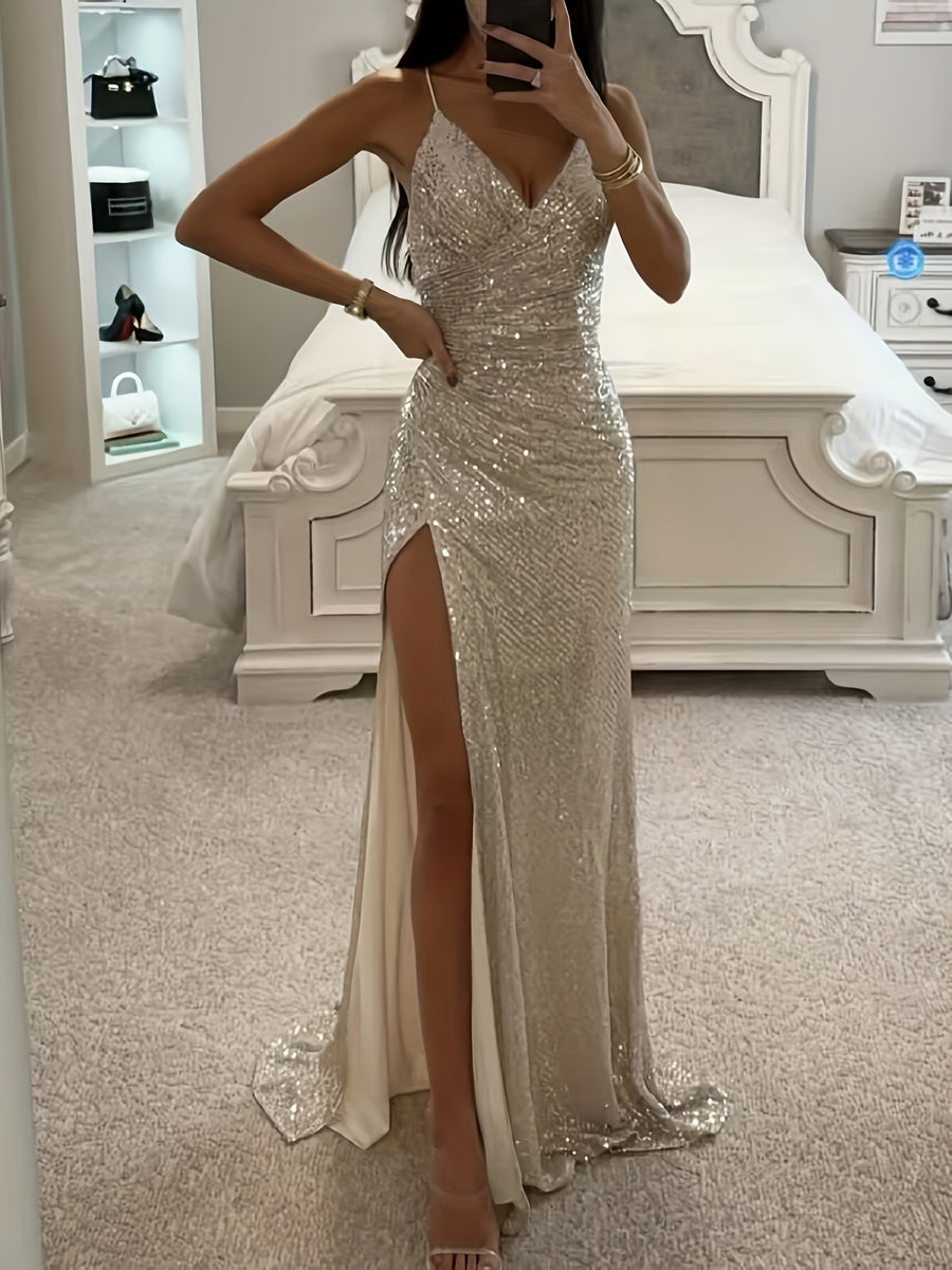 Women's Elegant Sequin Spaghetti Strap Asymmetrical Ruffle Hem High Slit Birthday Party Banquet Bridesmaid Dress - Beige
