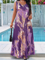 Plus Size Women'S Round Neck Sleeveless Dress, Abstract Brush Stroke Striped Contrast Print Design with Pockets, Casual Vacation Style Outfit, Artistic Vintage Long Dress, Summer New Plus Size Women'S Clothing - Purple