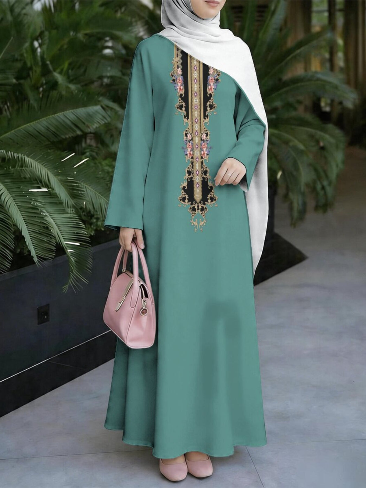 Women's Middle Eastern Style Muslim Elegant Robe, Lake Green V-Neck with Vintage Pattern Print Long Dress, Loose Long Sleeve Flared Silhouette, for Home, Prayer, and Gatherings, Lightweight and Crisp Non-Embroidered Craft, Multiple Sizes Middle - Mixed colors